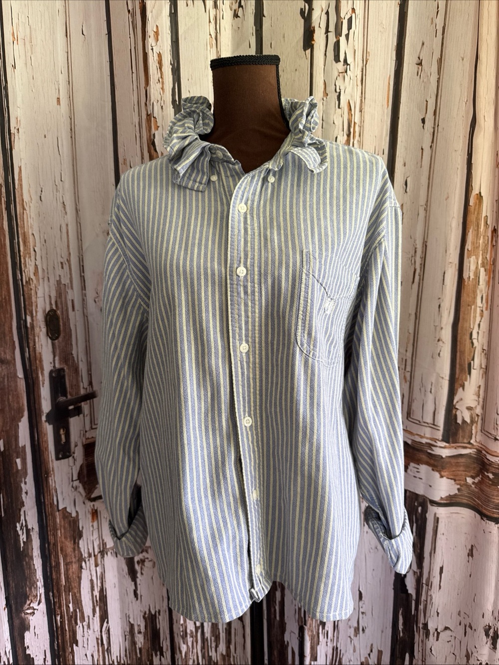 Reworked upcycled ruffle chaps xl multi color striped shirt see details